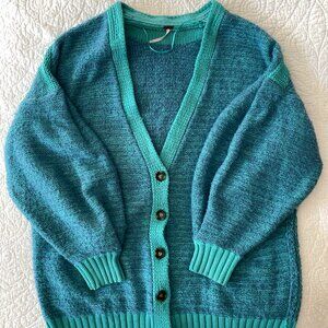 Free People Snow Drop Oversized Knit Cardigan Blue Teal V-Neck XS